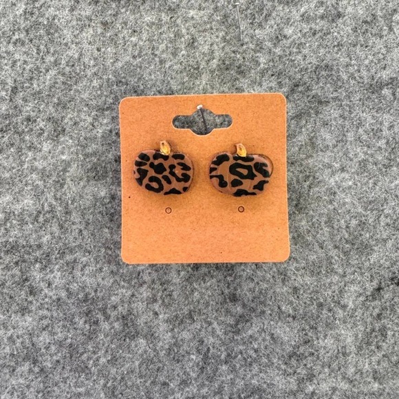 Handmade Jewelry - Clay Leopard Print Pumpkin Stud Earrings with Sterling Silver Posts